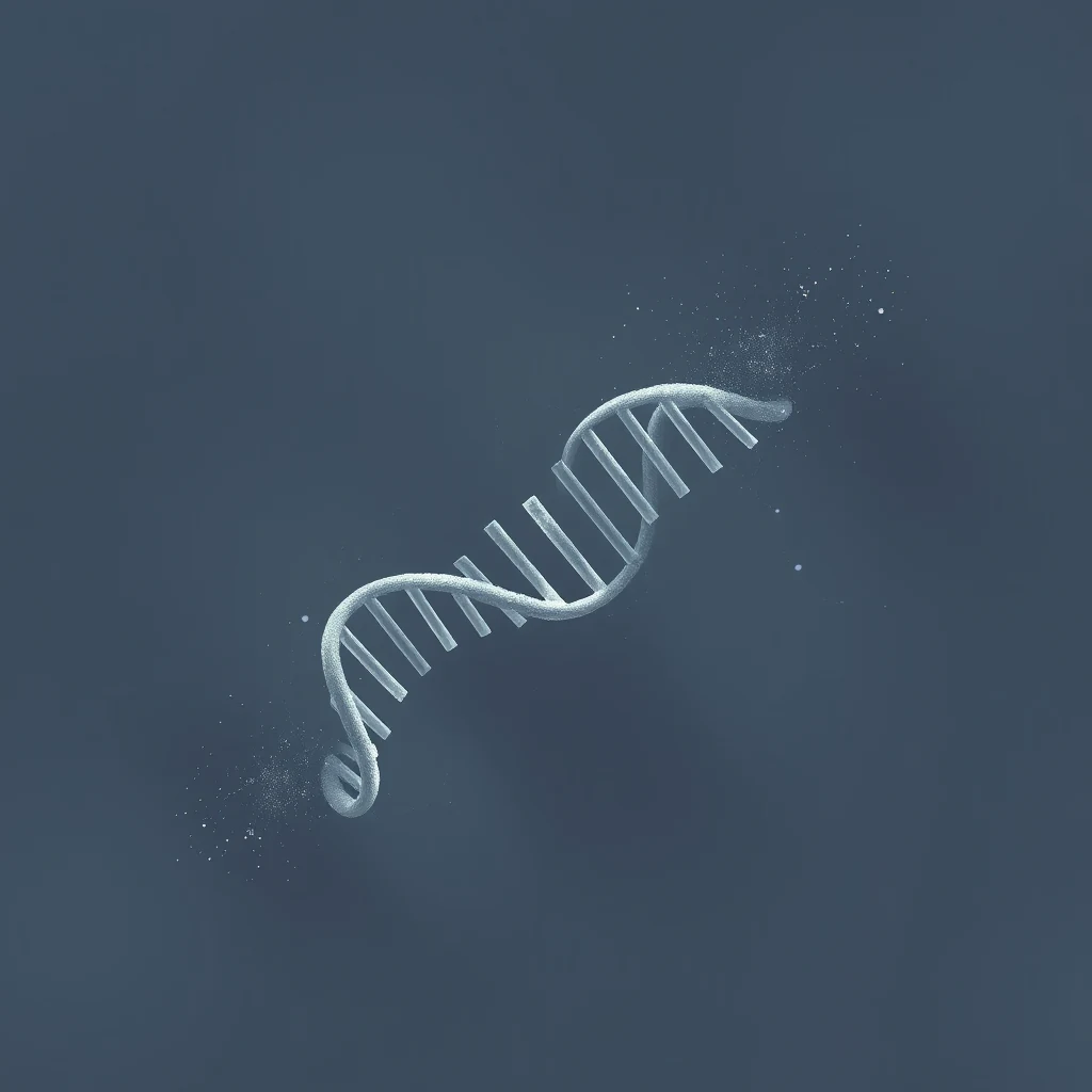 A translucent representation of a DNA double helix is shown against a dark background, with small particles floating around it, symbolizing the concept of DNA polymerase synthesis.