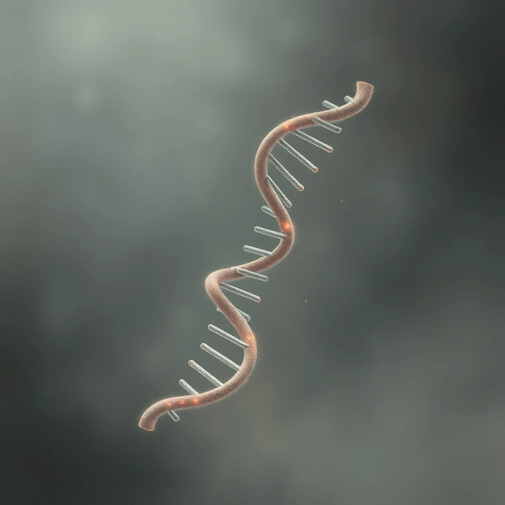 A detailed illustration of a DNA double helix, showcasing its spiral structure with visible sugar-phosphate backbones and base pairs.