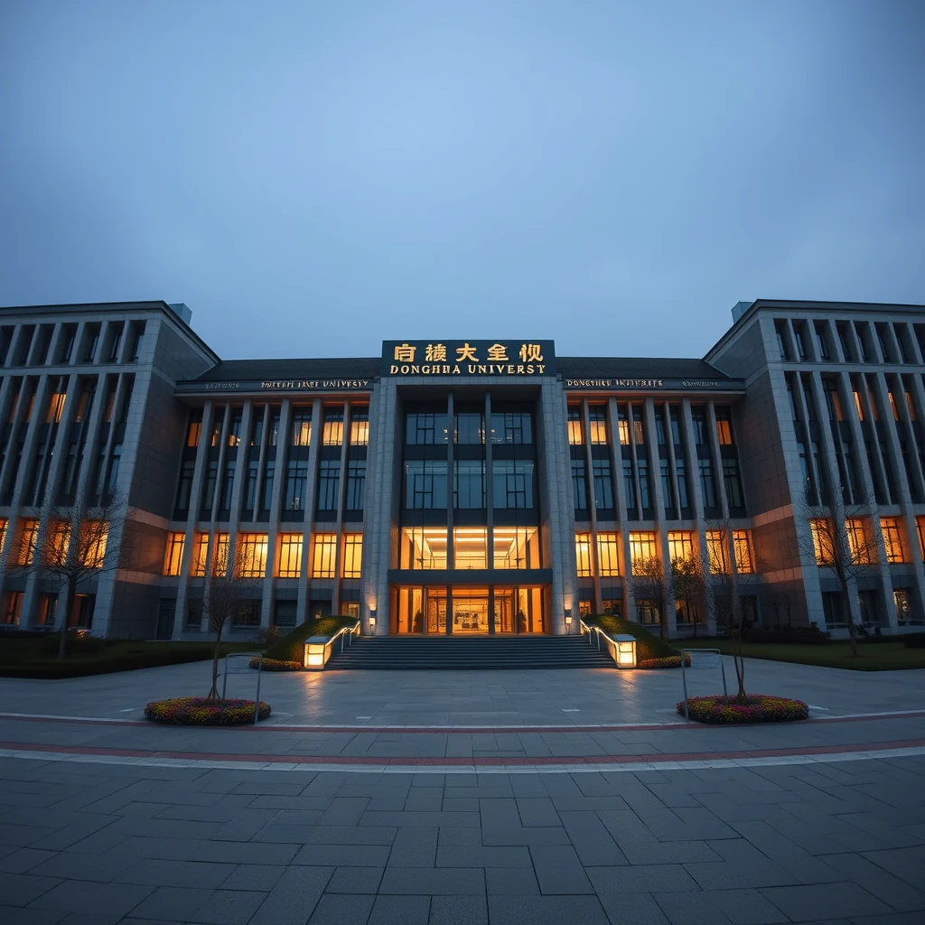 A modern building with illuminated windows and a sign reading "Donghua University" stands prominently at dusk, showcasing its architectural design and lighting.