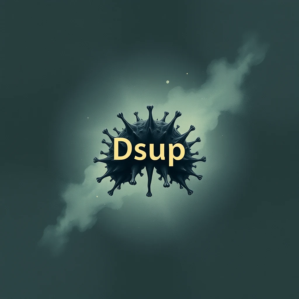 The image depicts a stylized representation of a virus-like structure with the text "Dsup" overlaid, set against a dark background with a smoky effect.