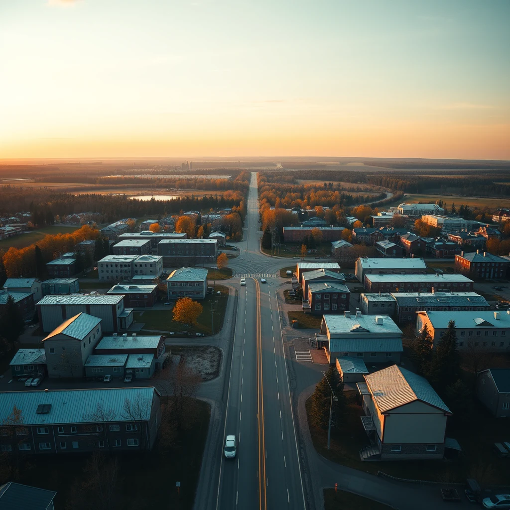 Aerial view of a town with modern buildings and a straight road cutting through it, surrounded by trees and fields under a sunset sky.