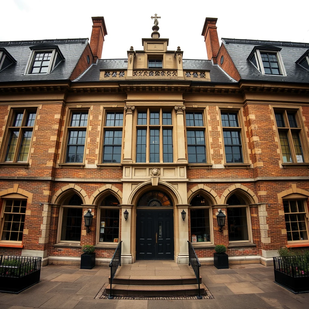 A grand brick building with arched windows and a central entrance featuring a black door and flanking lanterns, topped by a decorative pediment and cross, stands as the Sir William Dunn School of Pathology, a research department of the University of Oxford.