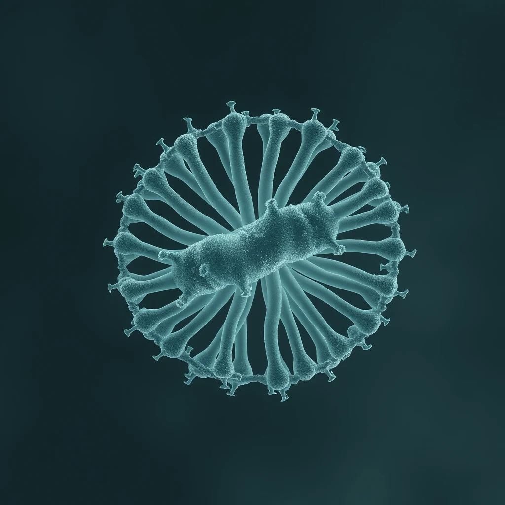 A circular arrangement of E. coli bacteria with a central rod-like structure and radiating appendages, set against a dark background.