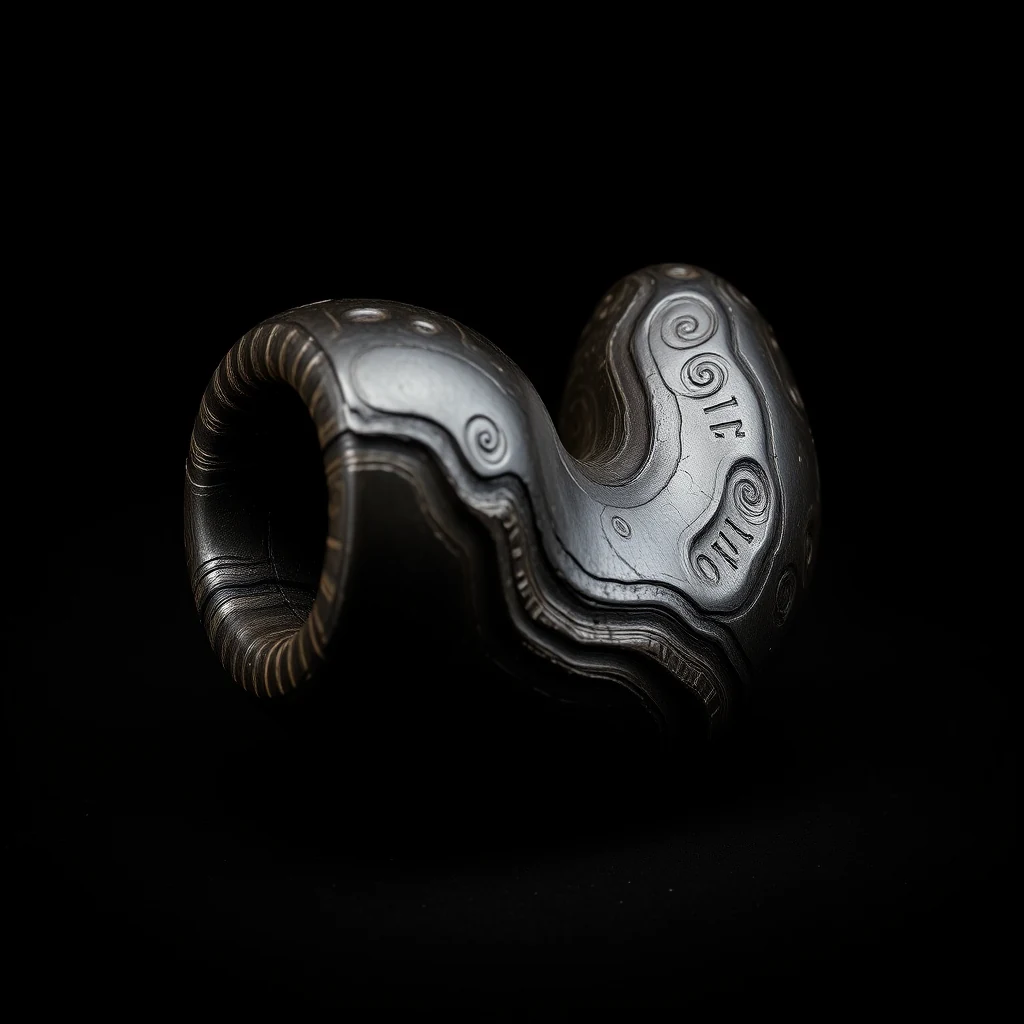 A dark, textured object resembling a stylized horn or hook, intricately carved with swirling patterns, set against a black background.