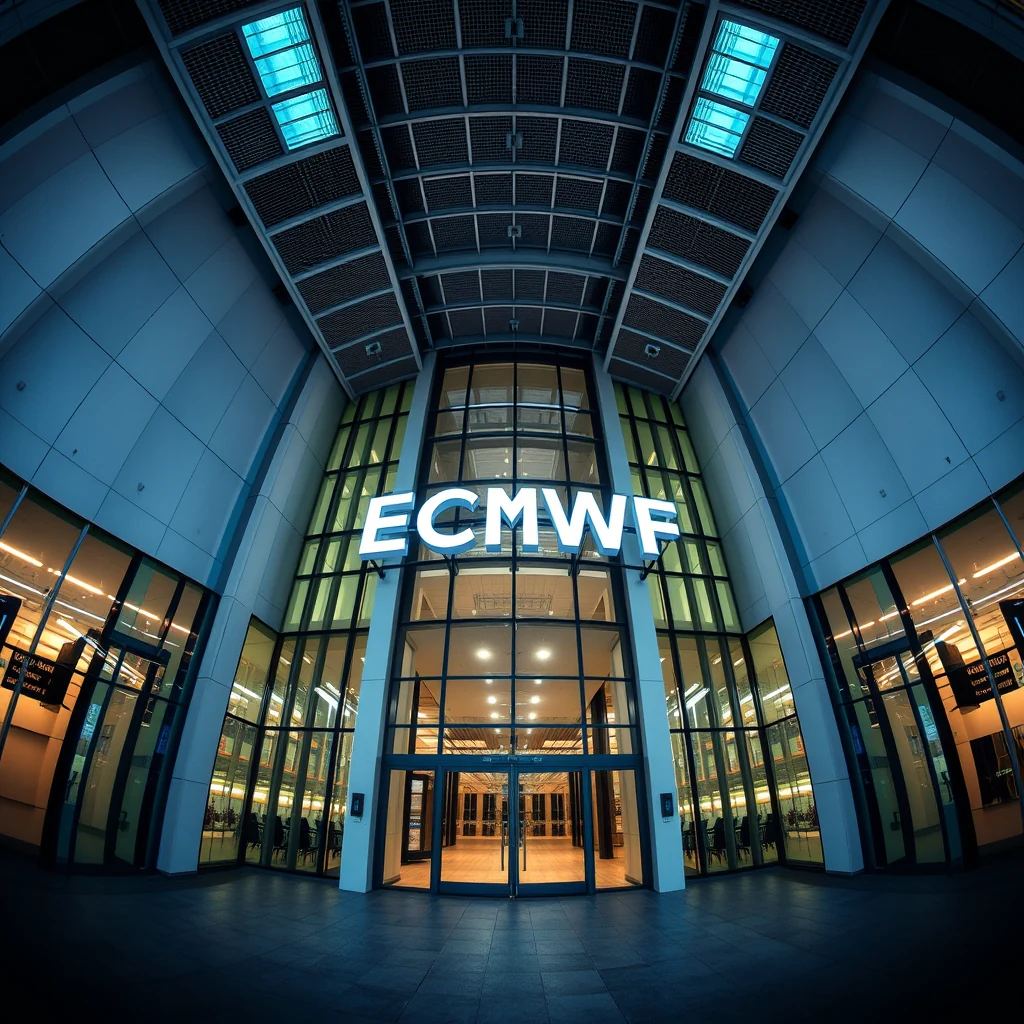 The entrance to the ECMWF building features large glass doors and a prominent sign displaying the acronym "ECMWF" illuminated in white letters against a modern architectural backdrop.