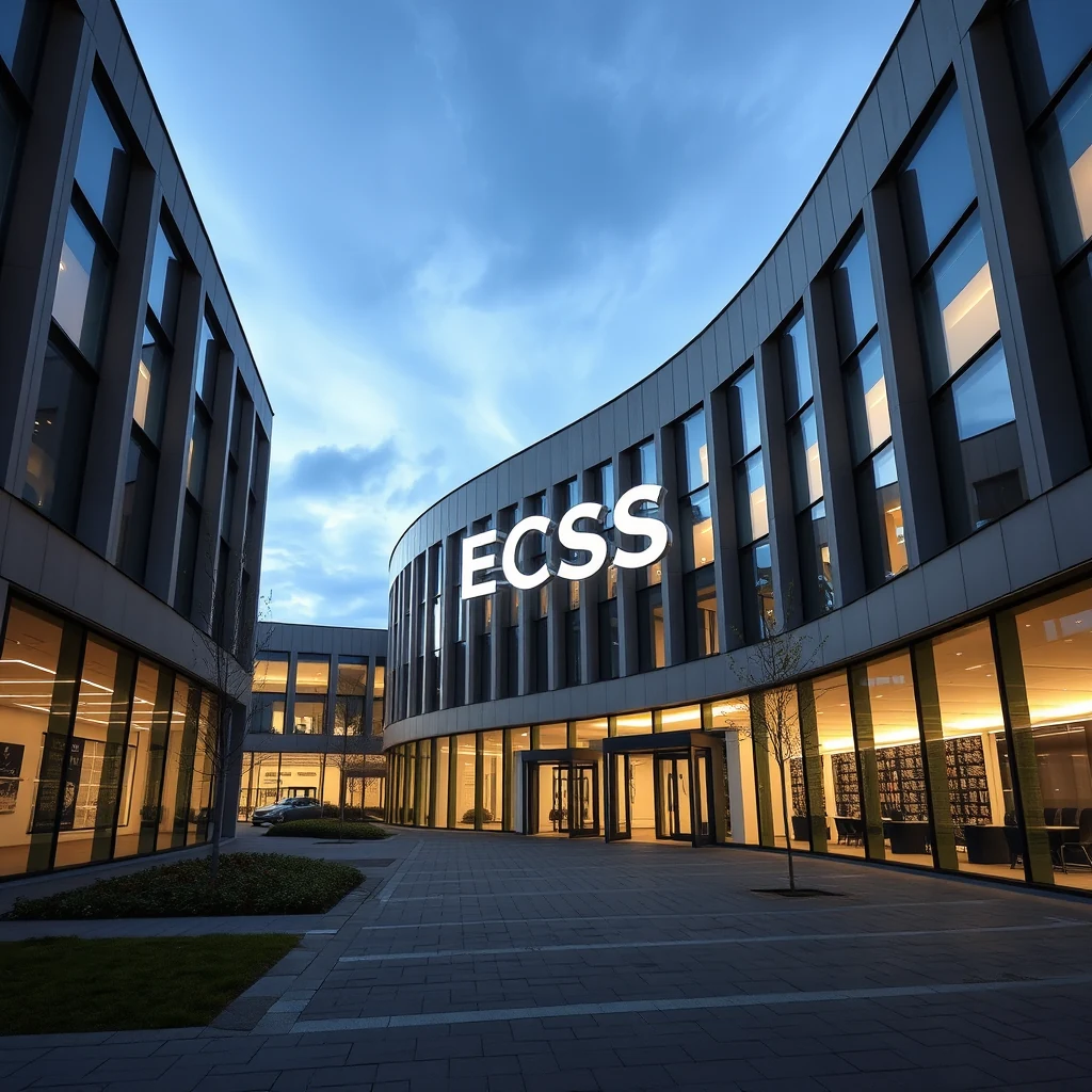 A modern building with the letters "ECSS" prominently displayed on its facade, illuminated against a twilight sky, represents the European Cooperation for Space Standardization.