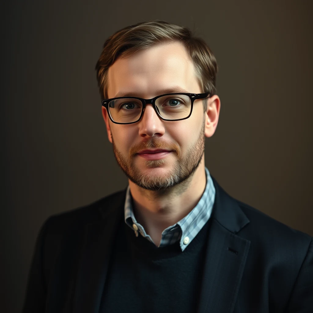 A man wearing glasses and a dark blazer over a light blue shirt stands against a neutral background.