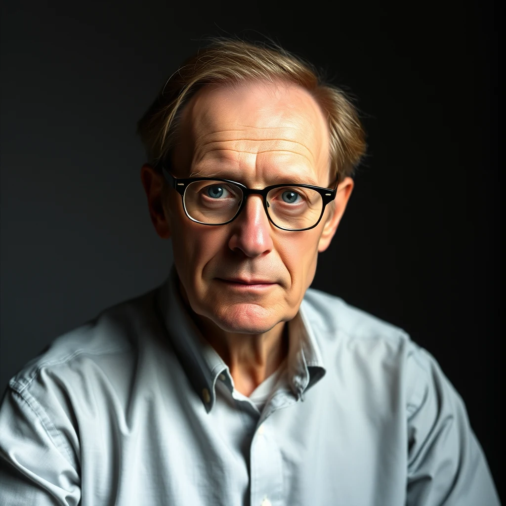 A man wearing glasses and a light-colored shirt sits against a dark background, looking directly at the camera with a serious expression.