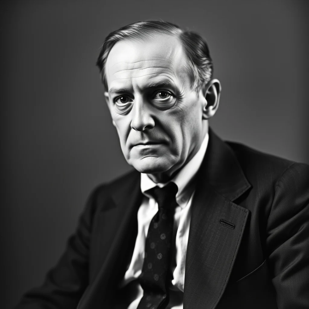 Edwin Hubble, dressed in a formal suit, sits against a dark background, exuding a serious demeanor characteristic of his work as an American astronomer.