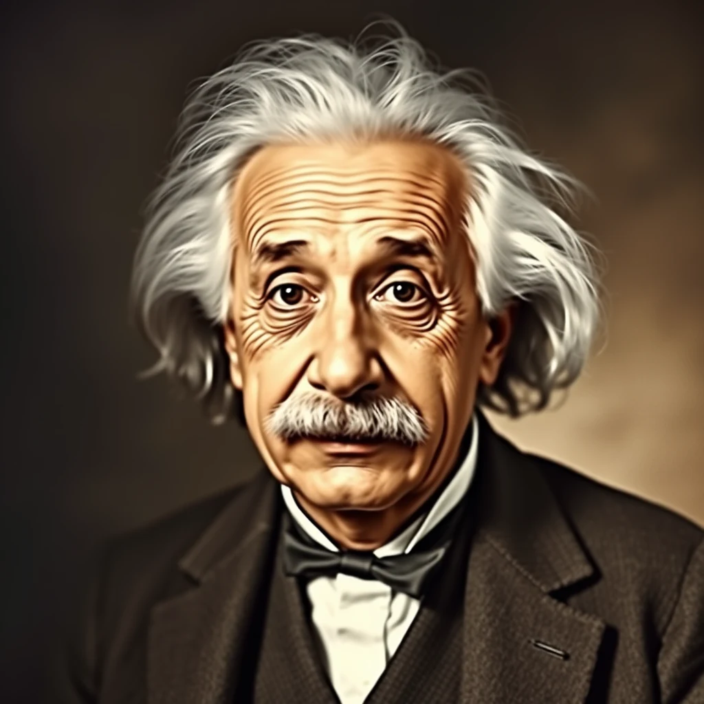 Albert Einstein, with his distinctive white hair and mustache, is depicted wearing a suit and bow tie, symbolizing his intellectual legacy and contributions to physics.