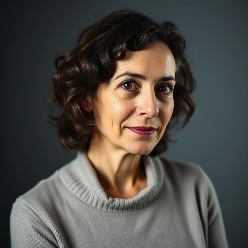 A woman with short, curly brown hair and a light gray sweater smiles gently against a dark background.