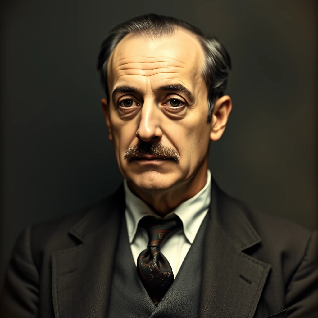 A man in a dark suit and tie stands against a neutral background, exuding a formal and composed demeanor.