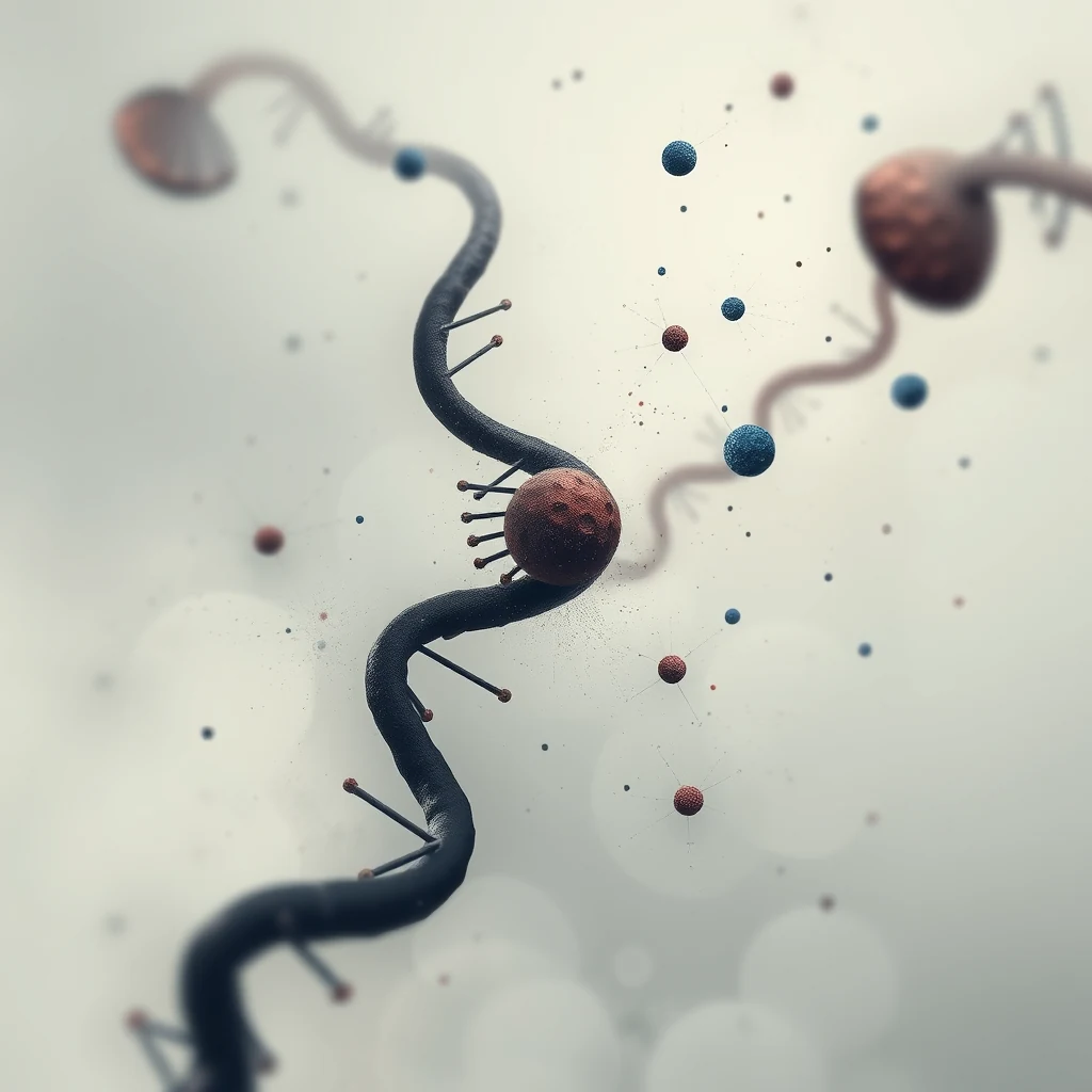 The image depicts a close-up view of a DNA molecule with chemical marks and histone structures, symbolizing epigenetic modifications that influence gene expression without altering the DNA sequence.