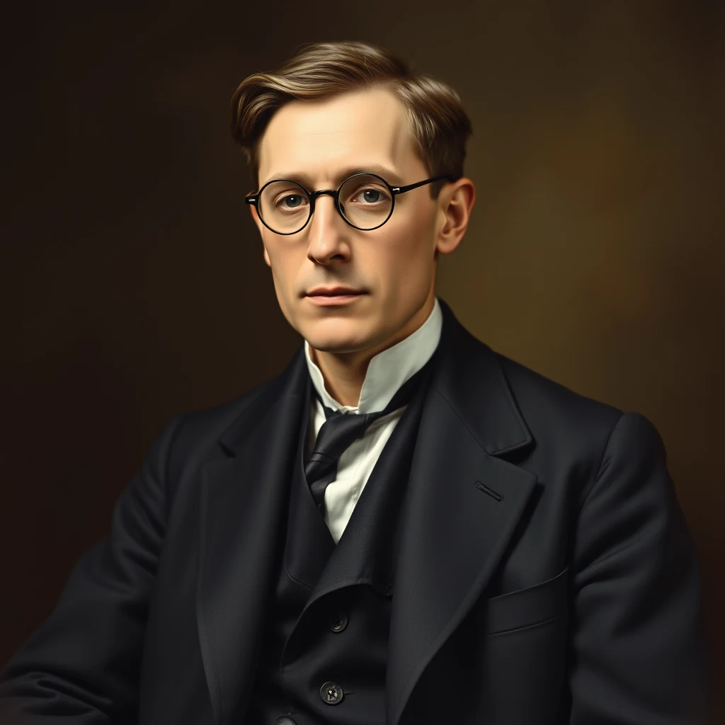Ernest Marsden, wearing a dark suit with a white shirt and tie, sits against a dark background, exuding a formal and scholarly demeanor.
