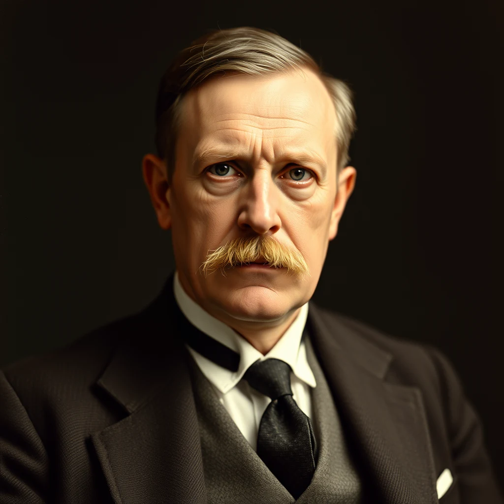 A man with gray hair and a mustache, dressed in a formal suit and tie, stands against a dark background.