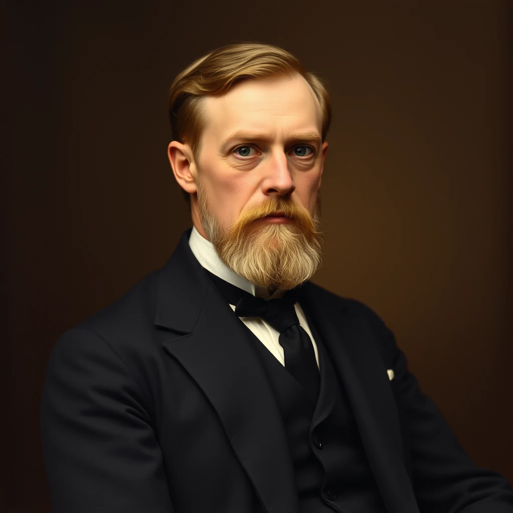 A man with light brown hair and a full beard, dressed in a dark suit with a bow tie, sits against a dark background, exuding a formal and scholarly demeanor.