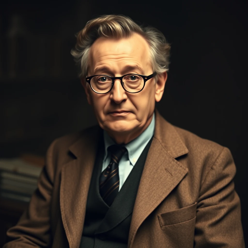 A man with light-colored hair and glasses, dressed in a brown suit and tie, sits against a dark background.