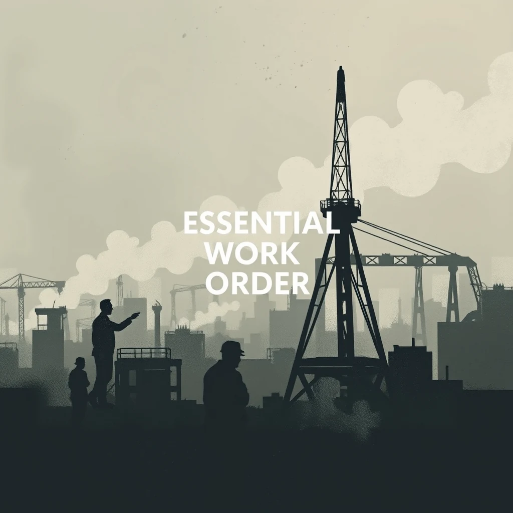 The image depicts a construction site with cranes and silhouetted figures, symbolizing the concept of essential work orders during wartime.