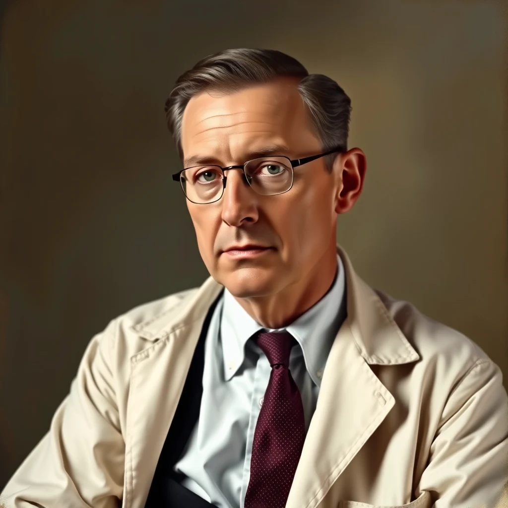 A man wearing glasses, a white lab coat, a light blue shirt, and a maroon tie stands against a neutral background.