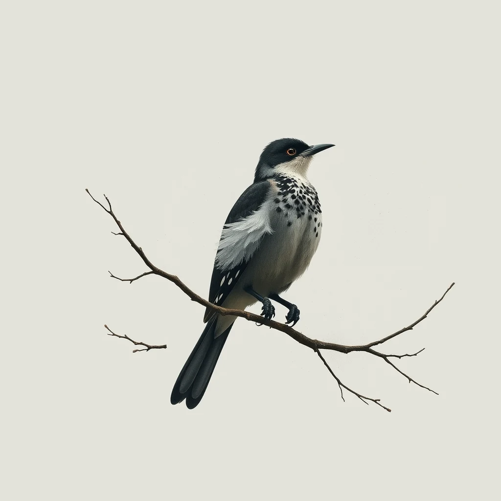 A black and white spotted bird perches on a bare branch against a plain background, showcasing its distinctive plumage and eye color.