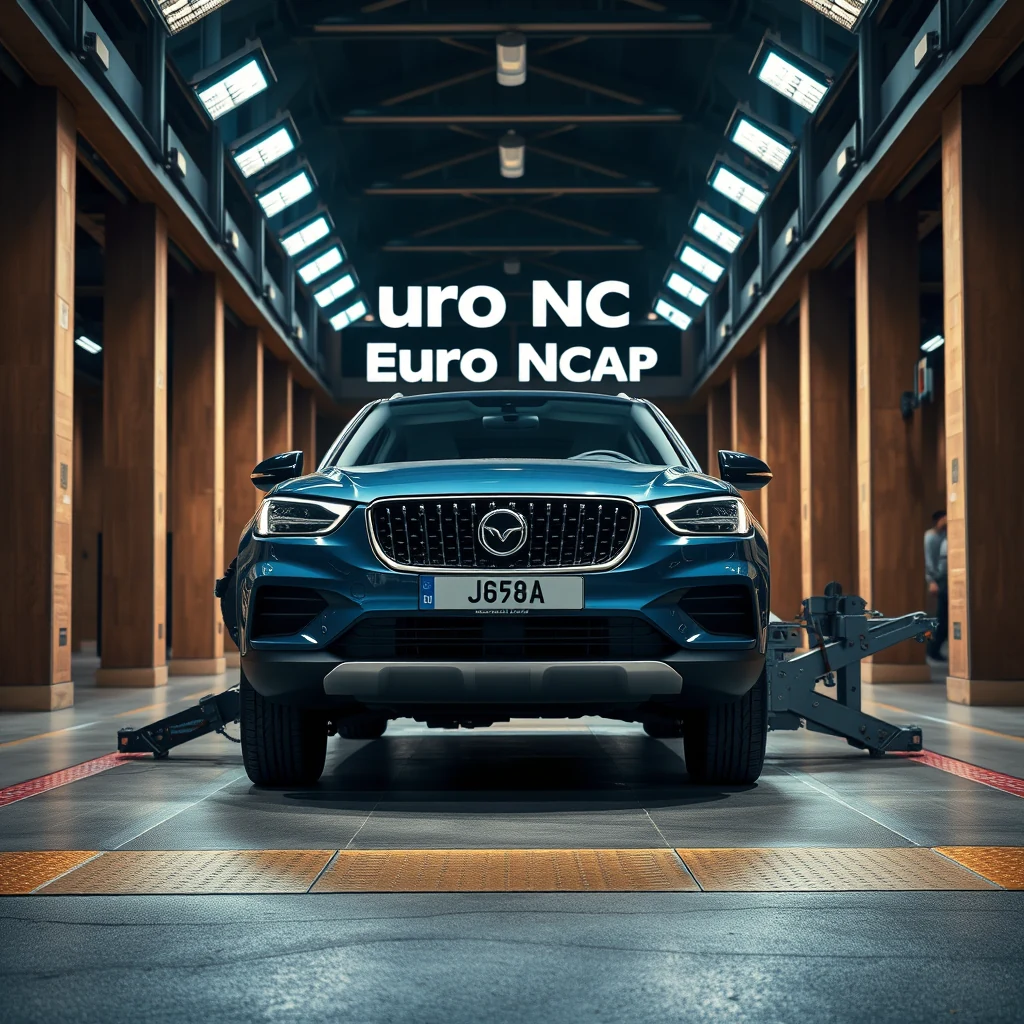 A blue car is positioned on a test rig inside a large, well-lit garage, with the Euro NCAP logo prominently displayed above it.