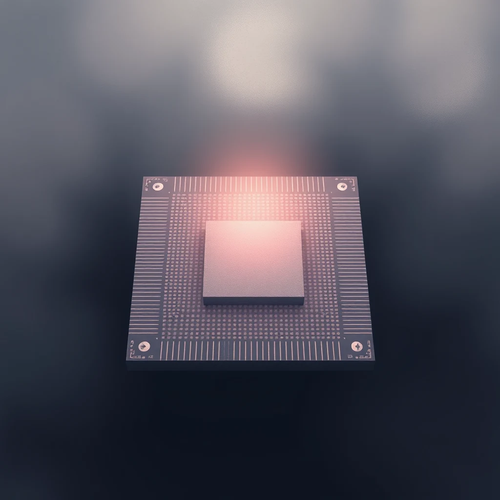 A photolithographic wafer with a central square illuminated by a soft pink glow, symbolizing the EUV lithography process.