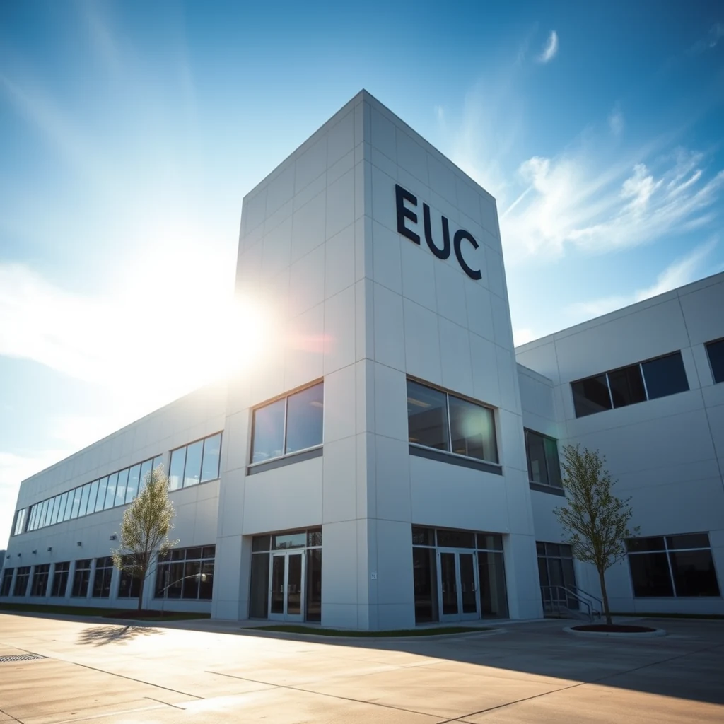 A modern white building with large windows and the letters "EUC" prominently displayed on its facade stands under a bright blue sky with scattered clouds.