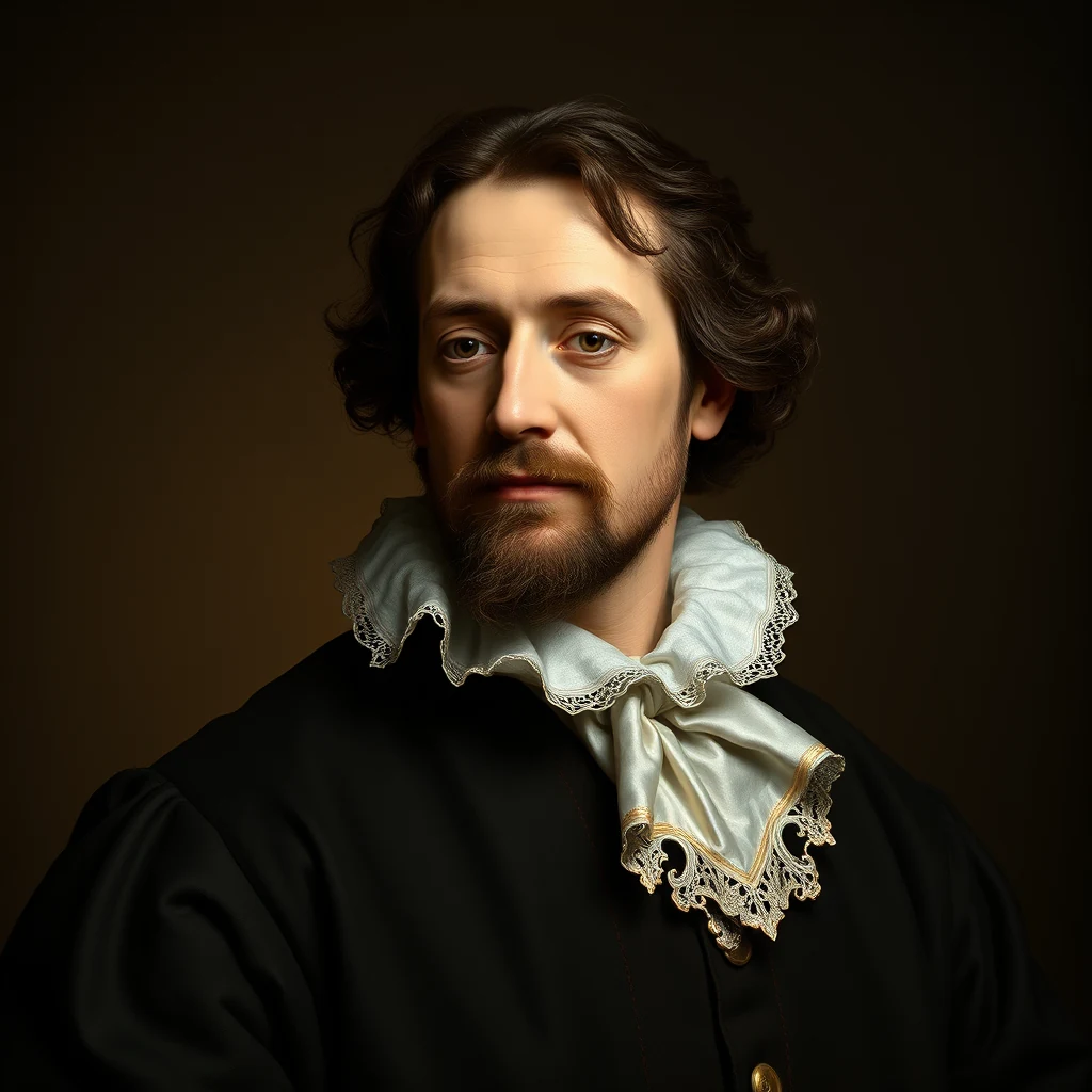 A portrait of Evangelista Torricelli, wearing a black garment with a white lace collar, set against a dark background.
