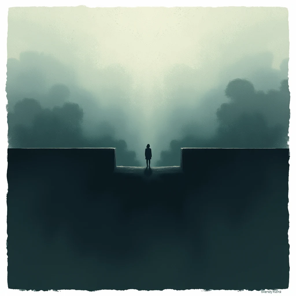 A solitary figure stands at the intersection of two platforms, silhouetted against a misty, ethereal sky, symbolizing the event boundary concept.