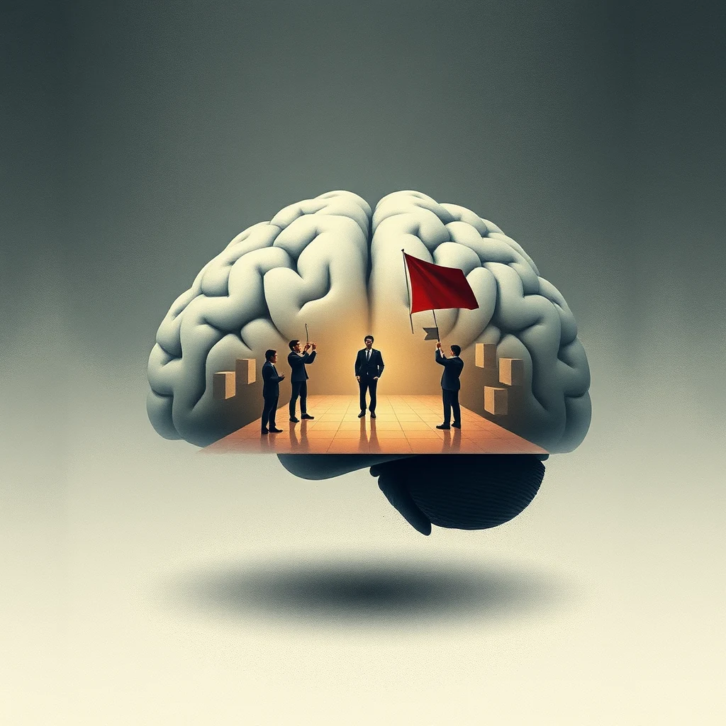 A group of people in suits stands on a platform inside a large, detailed model of a human brain, with one person holding a red flag.