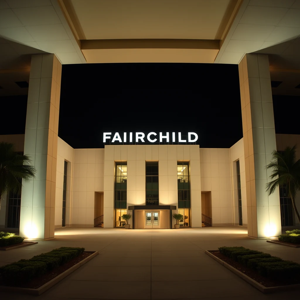 A well-lit building with the illuminated sign "FAIRCHILD" above the entrance, flanked by palm trees and landscaped gardens, represents Fairchild Semiconductor's headquarters.