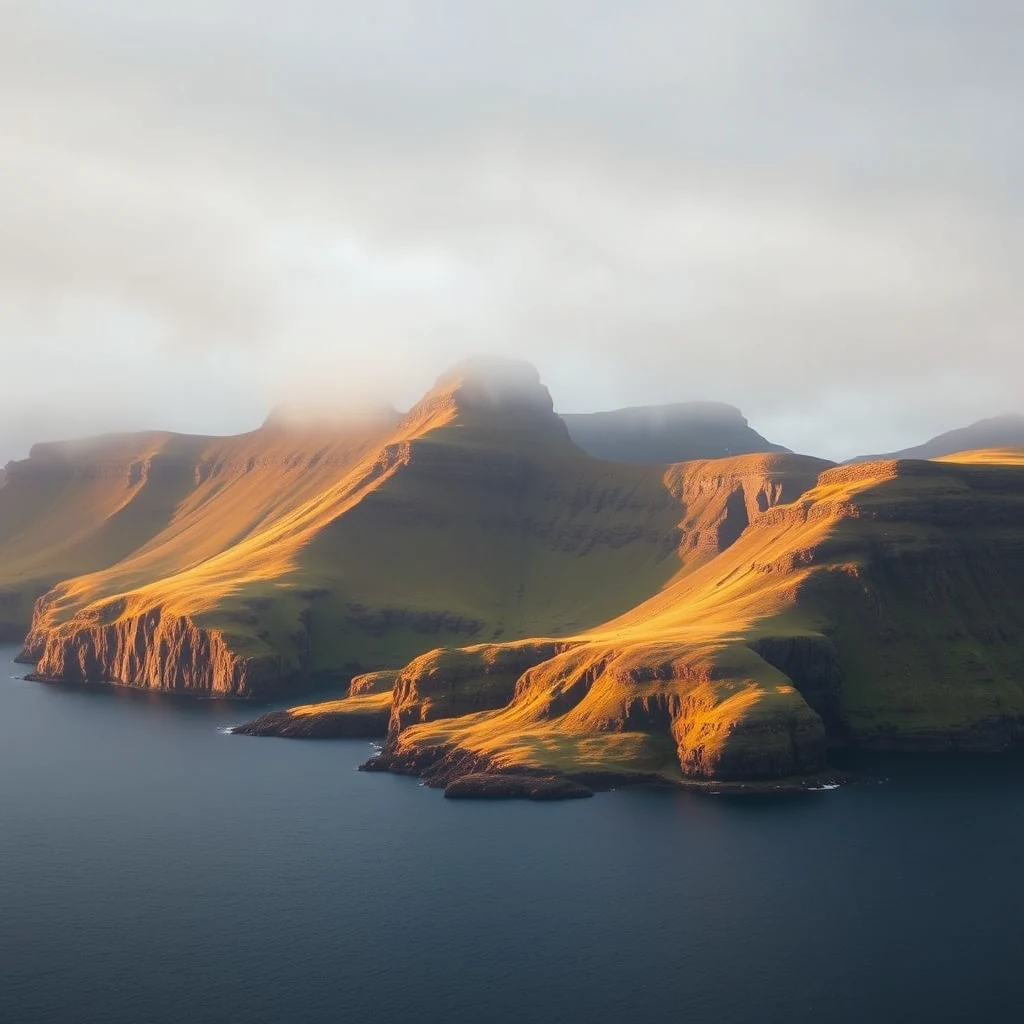 The image showcases rugged, sunlit cliffs and lush greenery along the coastline of the Faroe Islands, with mist partially obscuring the peaks, highlighting the natural beauty and isolation of this remote archipelago.