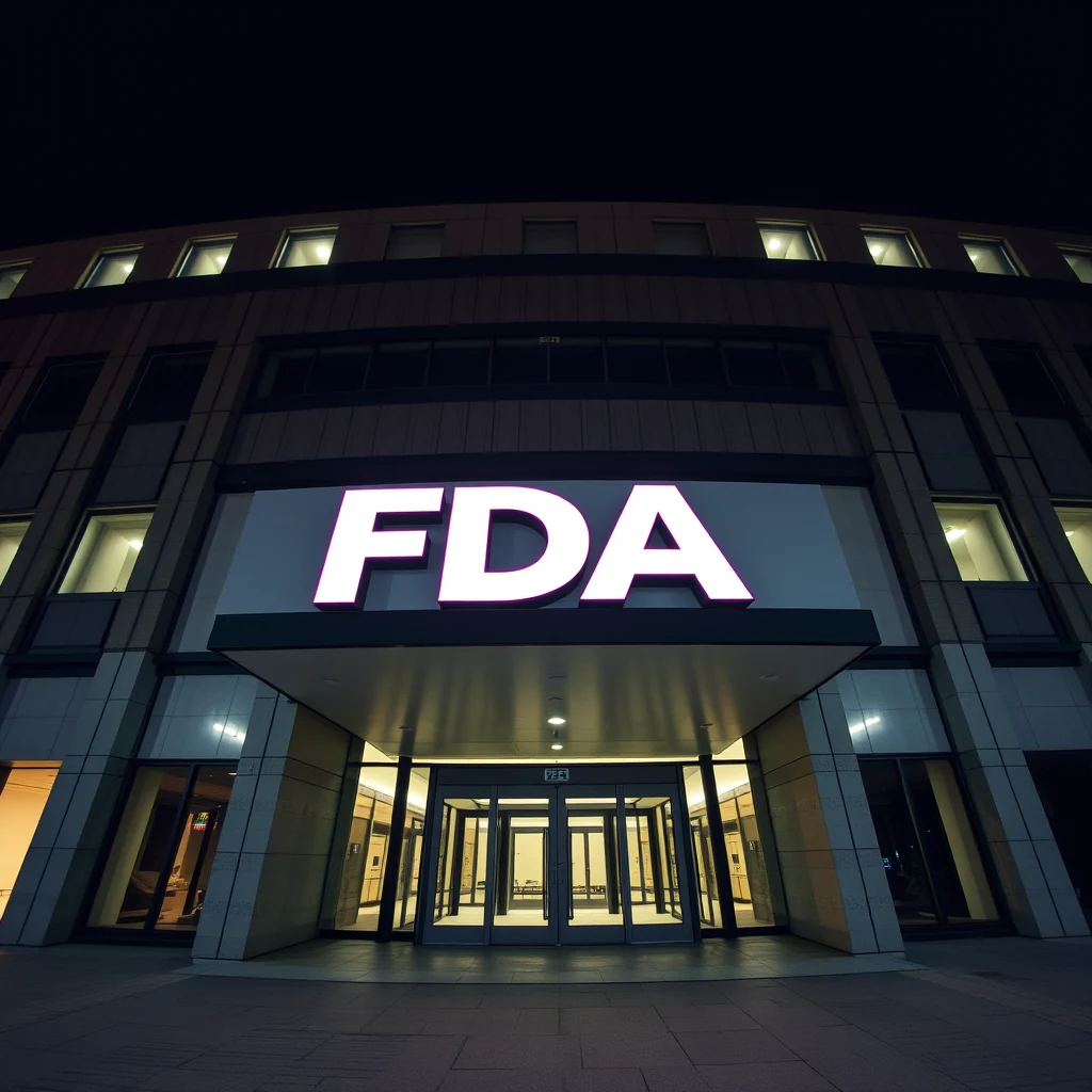 A nighttime view of the FDA building illuminated by bright lights, with the FDA logo prominently displayed above the entrance.