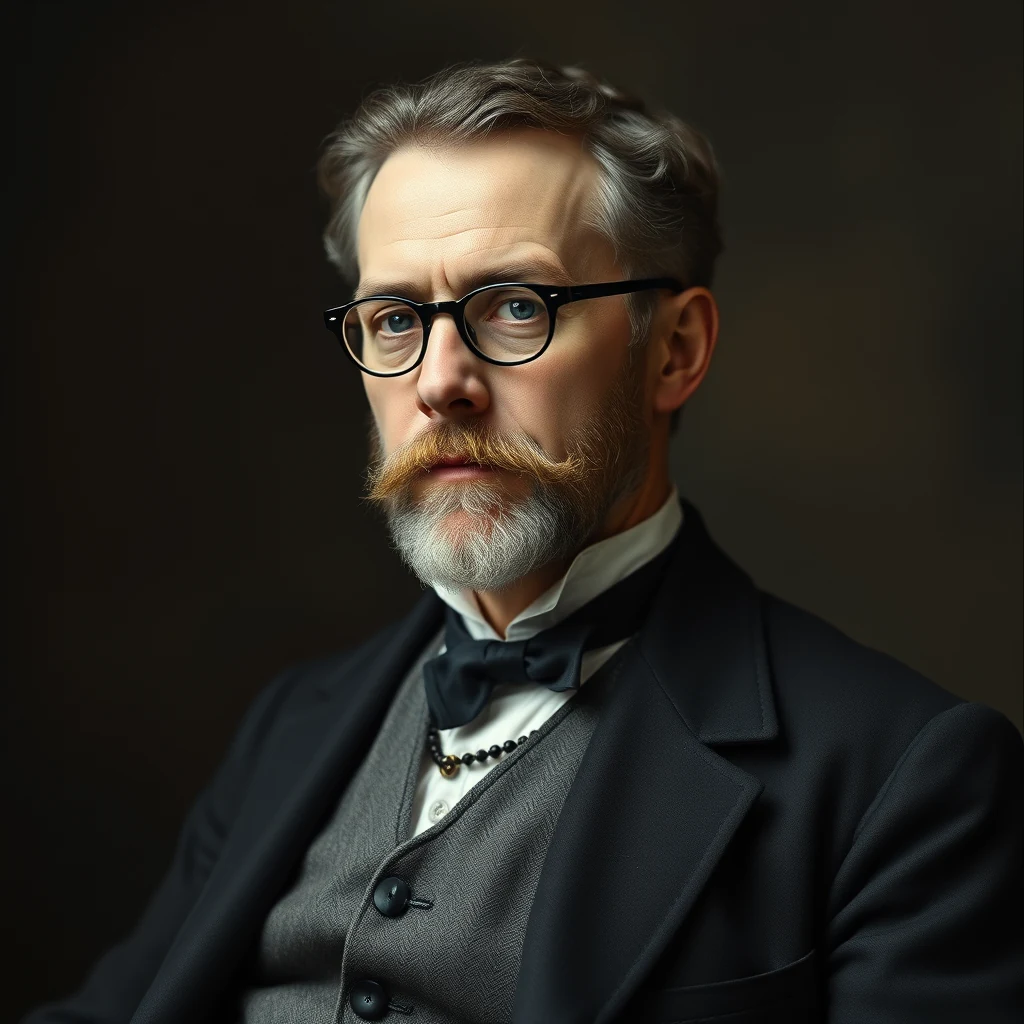 A man with gray hair, glasses, and a mustache wearing a black suit, white shirt, and bow tie, with a dark background.