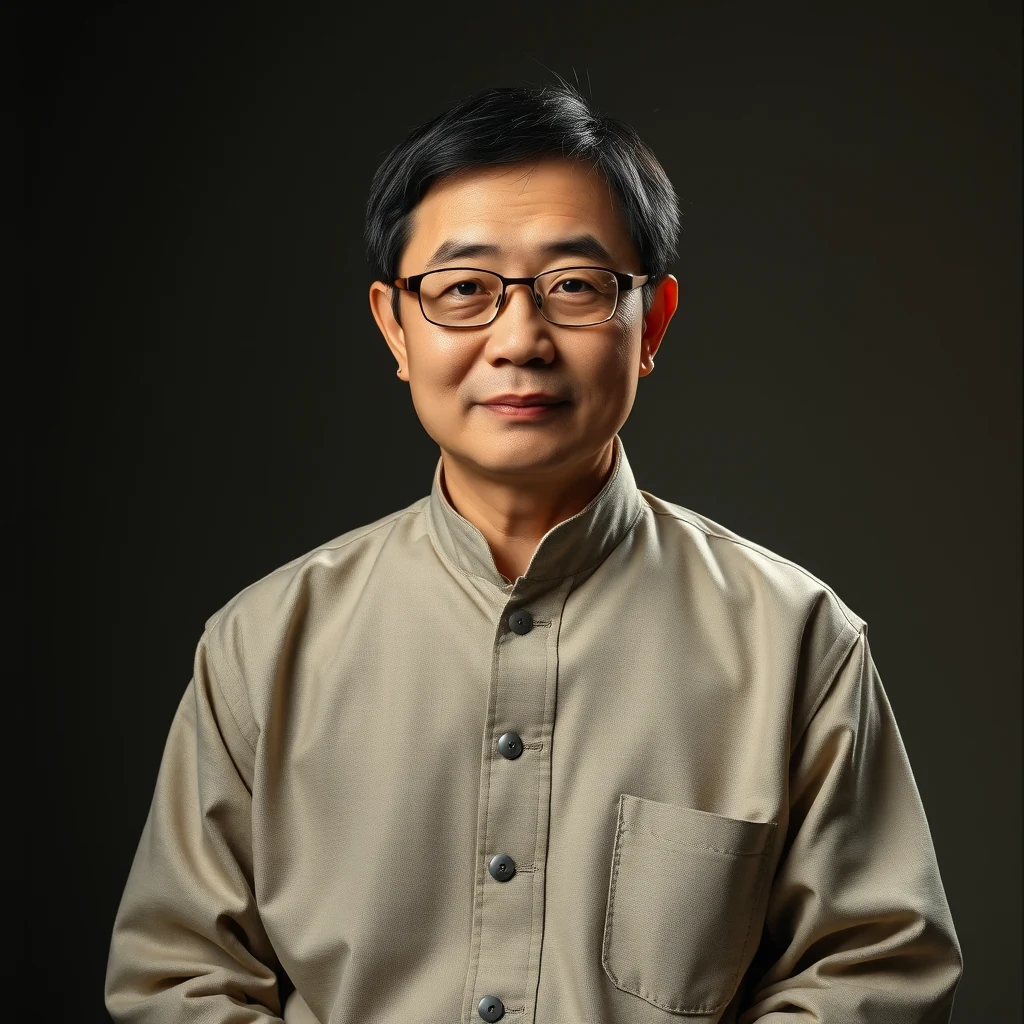 A man wearing glasses and a beige button-up shirt stands against a dark background.