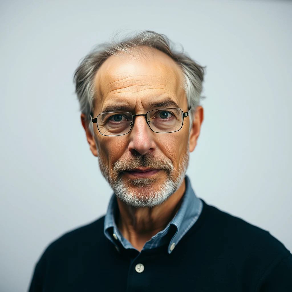 A man with gray hair and glasses, wearing a dark sweater over a light blue collared shirt, stands against a plain background.