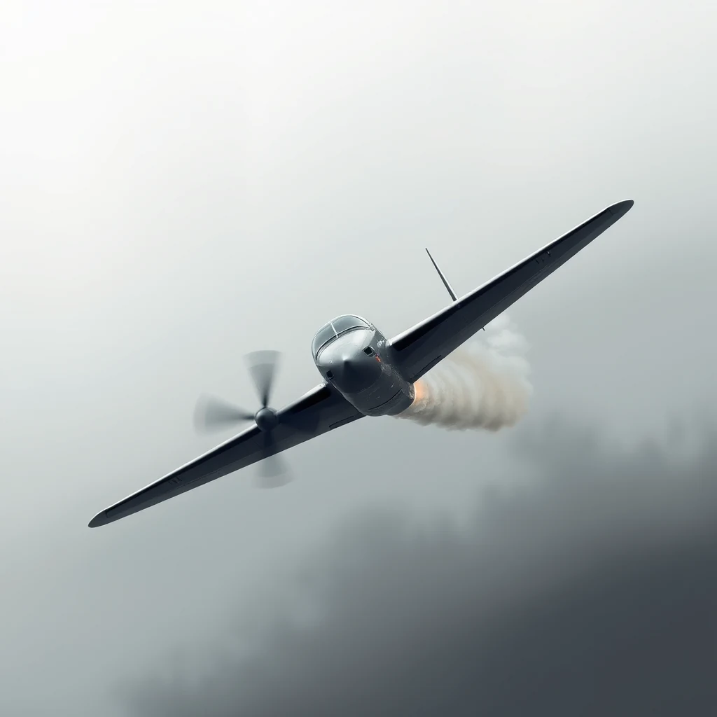A propeller-driven aircraft is shown in a forward slip maneuver, with its nose angled away from the direction of travel, presenting a broadside view to the airflow.