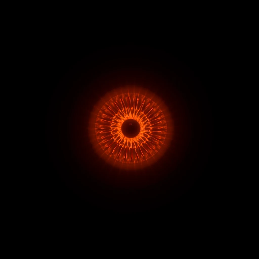 A glowing orange circular pattern resembling a fovea centralis, with radiating lines converging towards a dark center against a black background.