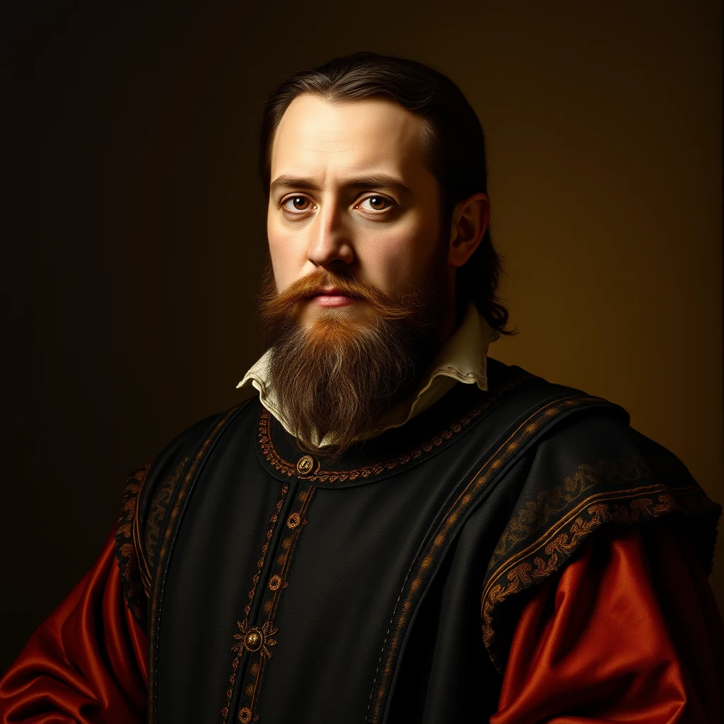 A man with a beard and long hair, dressed in a black and red garment with intricate gold embroidery, stands against a dark background.