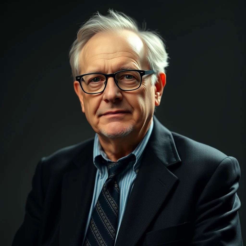 Frank Drake, wearing glasses and a suit, stands against a dark background, symbolizing his contributions to astronomy and the Drake Equation.