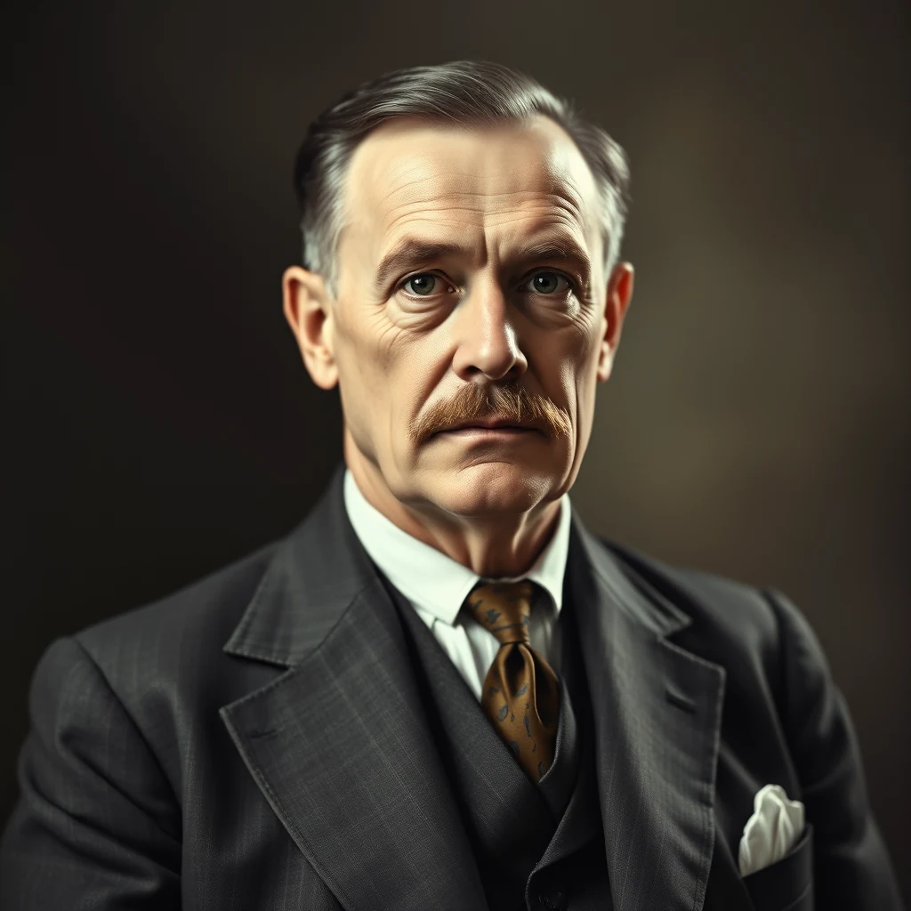 Frank Seiberling, dressed in a formal suit with a patterned tie, stands against a dark background, exuding an air of professionalism and historical significance.