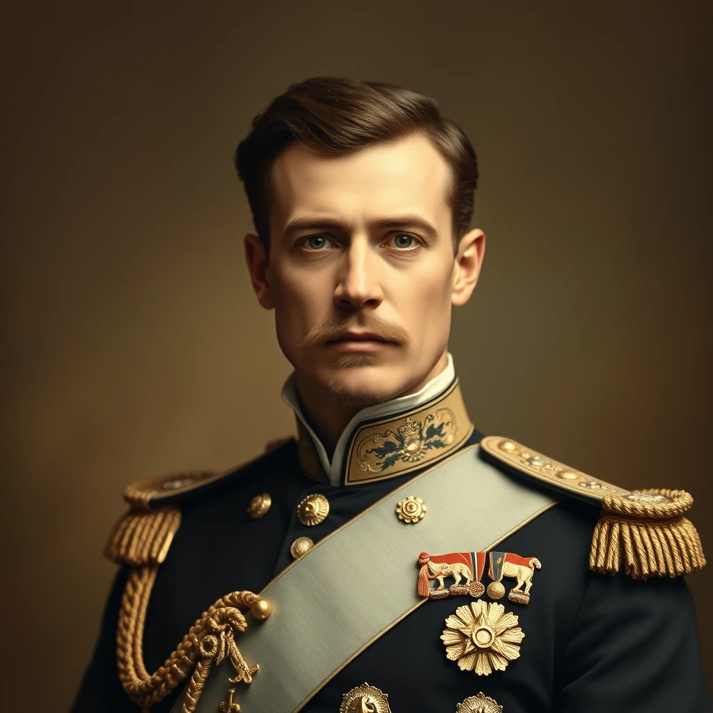 A man in an ornate military uniform adorned with medals and decorations stands against a dark background.