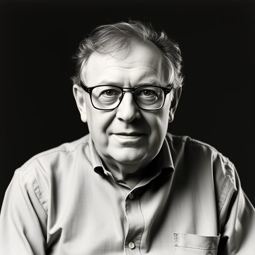 A black-and-white portrait of Fred Hoyle, wearing glasses and a collared shirt, set against a dark background.