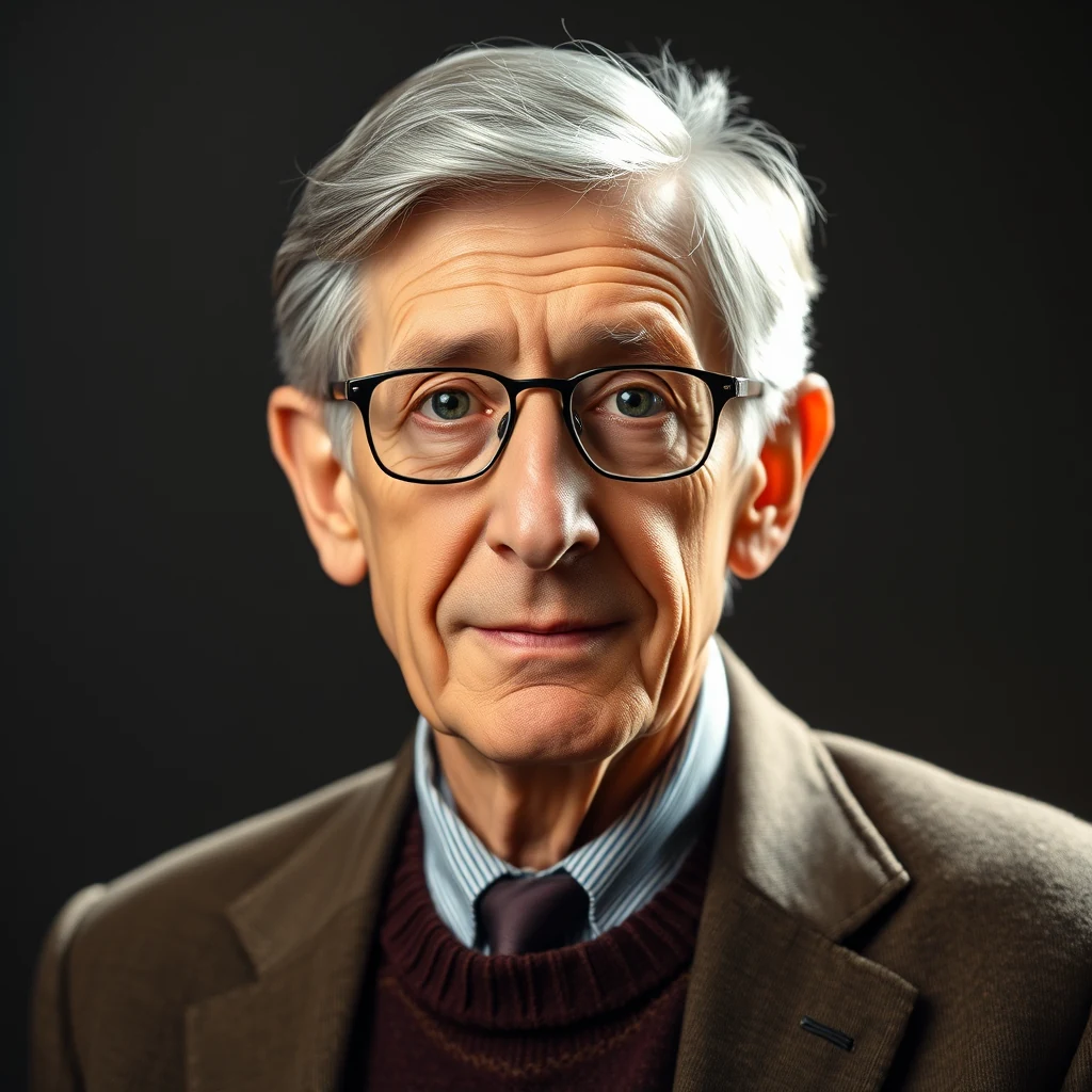A person with gray hair and glasses, wearing a brown blazer over a maroon sweater and striped shirt, stands against a dark background.