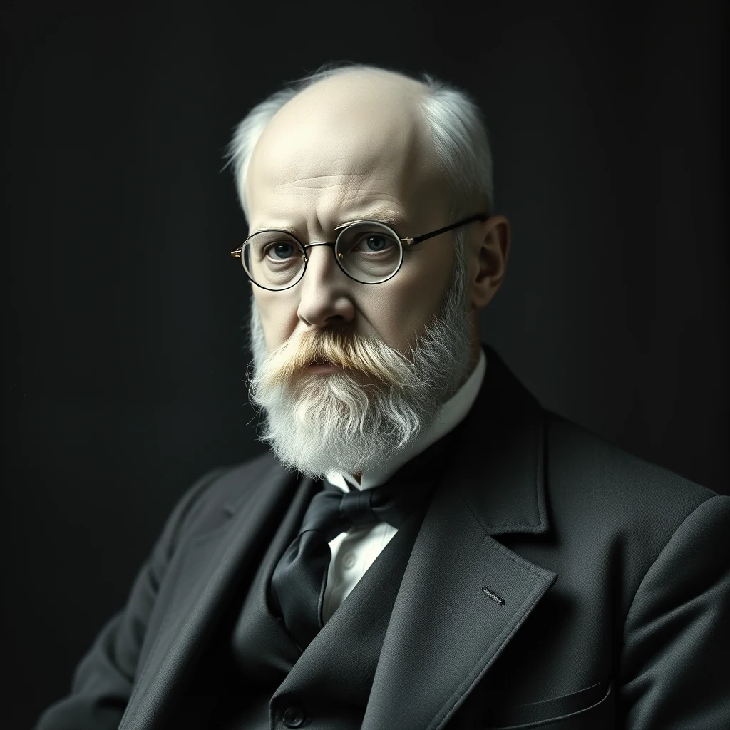 A man with white hair and a beard wearing glasses and a dark suit with a bow tie, set against a dark background.