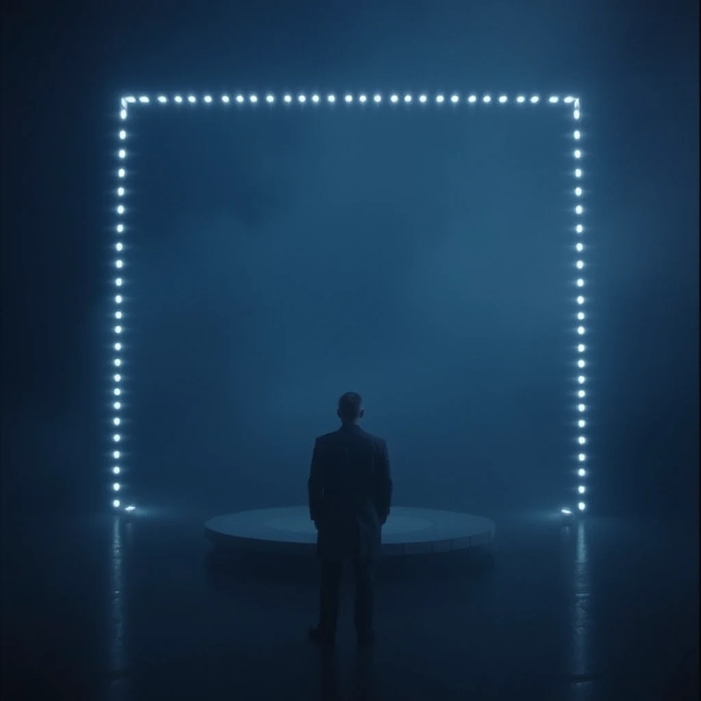 A person stands facing a glowing square frame composed of numerous small lights, illuminated against a dark background.