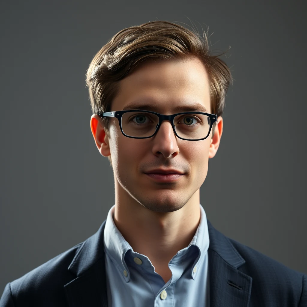 A man with short brown hair and glasses is wearing a light blue button-up shirt under a dark suit jacket.