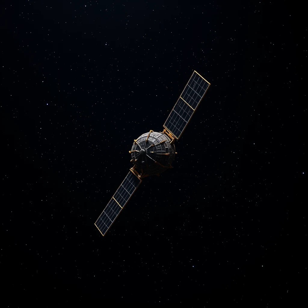 A Gaia satellite, a European Space Agency mission, is depicted against a starry backdrop, showcasing its solar panels extended and its spherical body with intricate details.