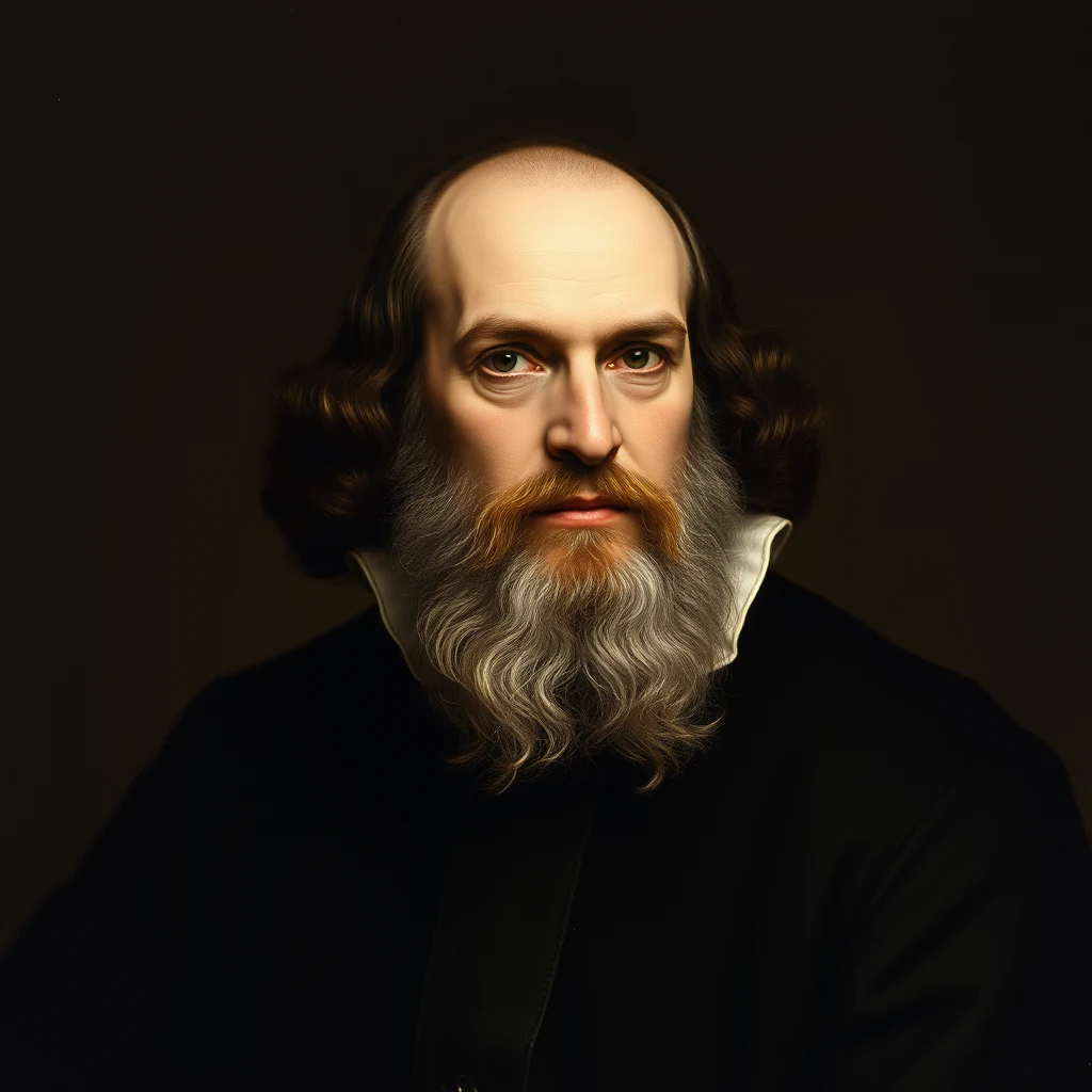 Galileo Galilei, a Tuscan astronomer and physicist, is depicted with a serious expression, wearing a black coat and white cravat, set against a dark background.