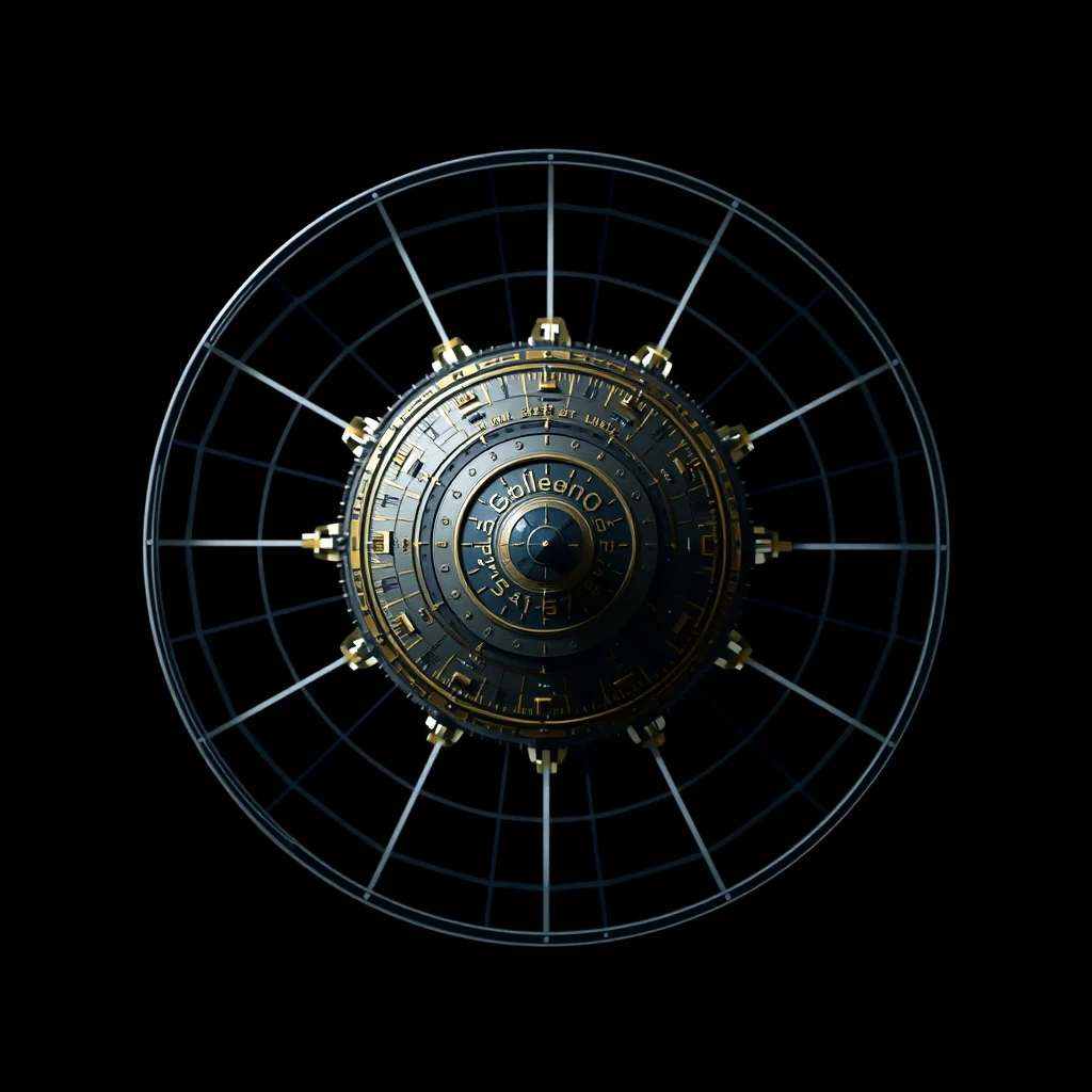 A circular device with intricate gold and black detailing, labeled "Galileo," is set against a dark background, symbolizing the European Union's satellite navigation system.